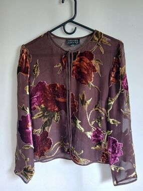 Spenser Jeremy Plum Sheer Silk Blen Blouse with Purple & Gold Velvet Floral Sz8